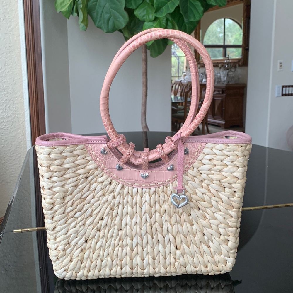 Brighton Pink leather and Woven Straw Handbag